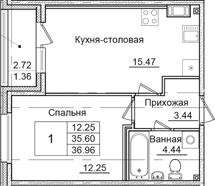 1-комнатная квартира 36.96 м², 8/9 эт., ЖК «Квартал Заречье»
